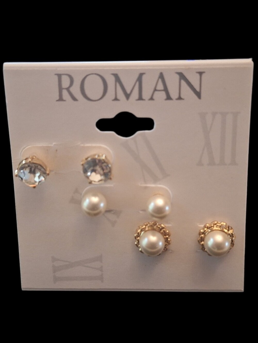 Roman Gold-Tone Pearl and Crystal Stud Earring Set - White and Clear